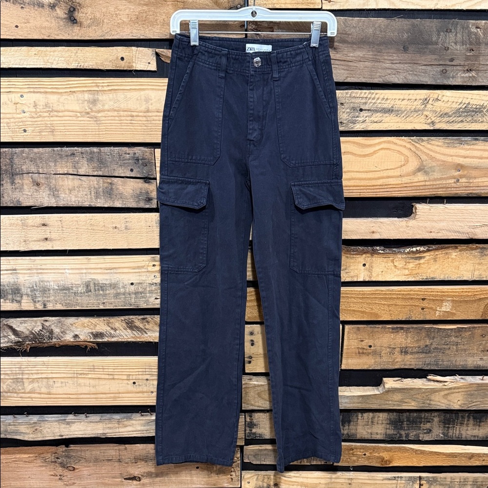 Zara High Rise Wide Leg Cargo Pants In Charcoal Gray Size 0